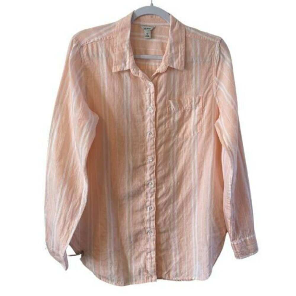 LL Bean Top Womens M Peach White Striped Linen Long Sleeve Button Up Lightweight